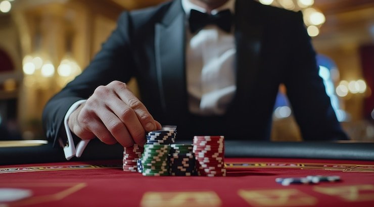 Dealer kasino live dan pemain dalam suasana hiburan digital interaktif